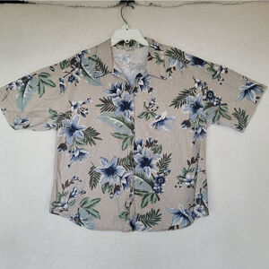 Women's Stampede Shirt, Size L? Length: 27" PTP 24" Beige and Blue